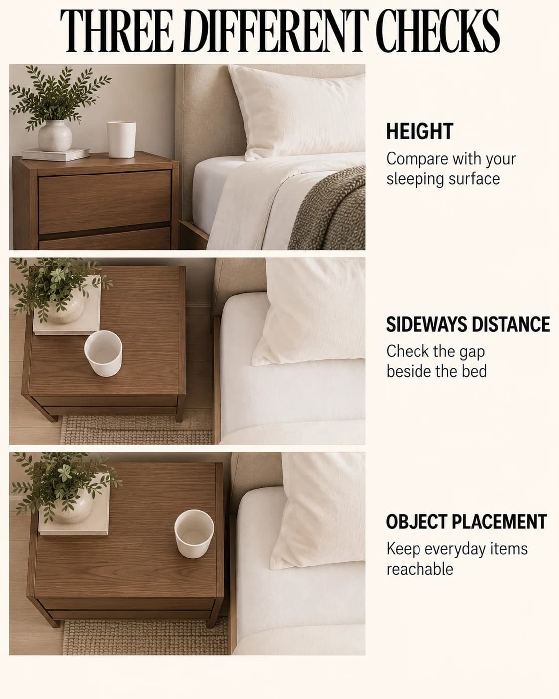 Three bedside views isolate surface height, gap from bed and where items sit.