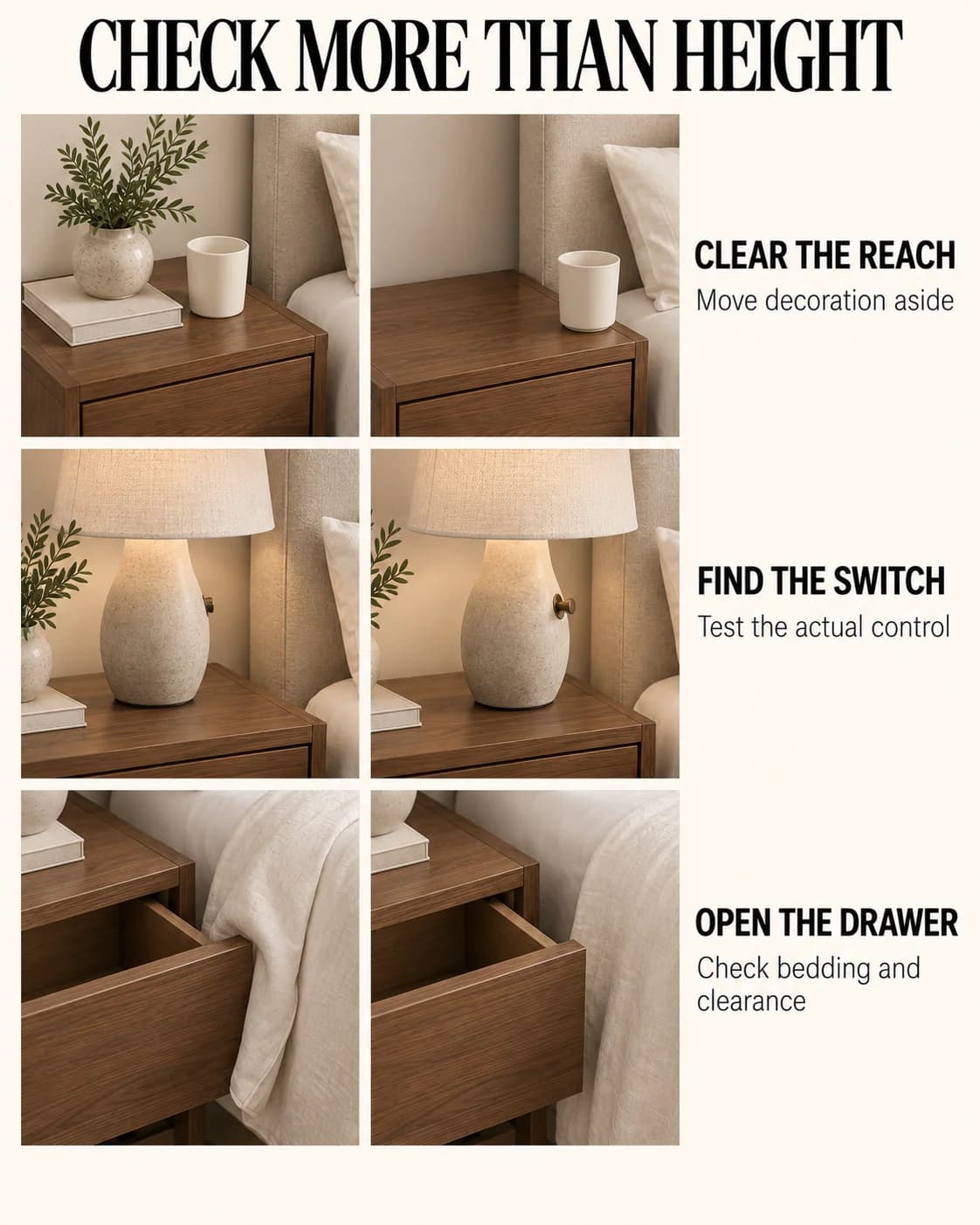 Tabletop clutter, lamp switch and drawer clearance shown as separate checks.