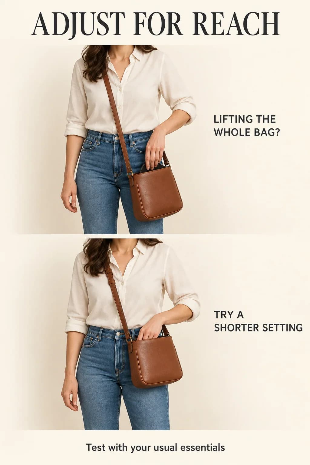 The same crossbody bag lowered and then shortened to make its opening easier to reach.