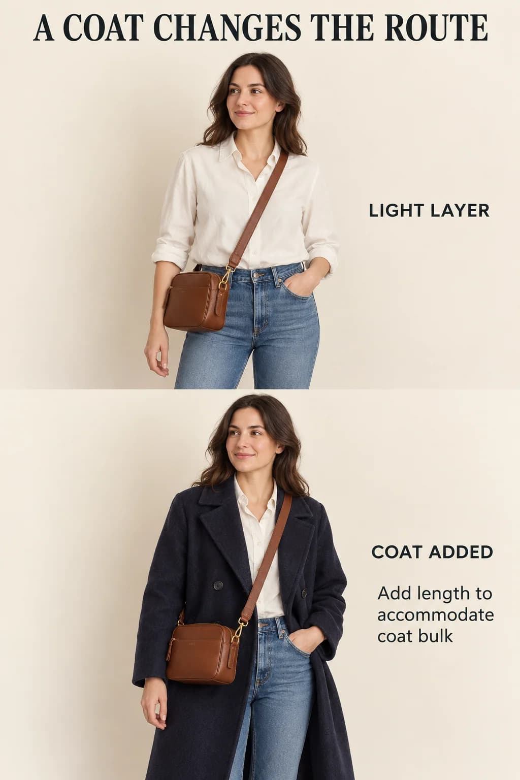 The same crossbody sits within reach over a shirt and over a wool coat after its strap is lengthened to accommodate the added bulk.