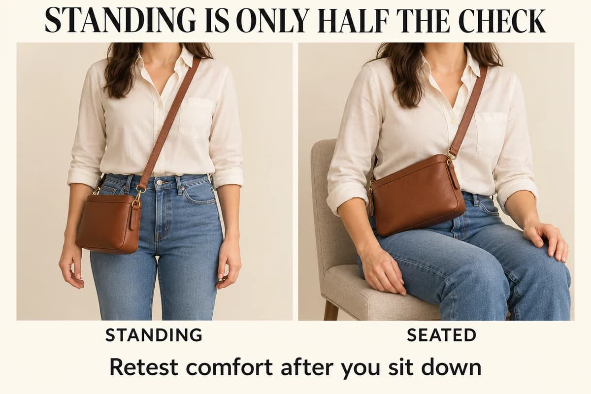A loaded crossbody shown standing and seated reveals how the bag corner approaches the ribs and why a comfortable standing setting needs a seated check.