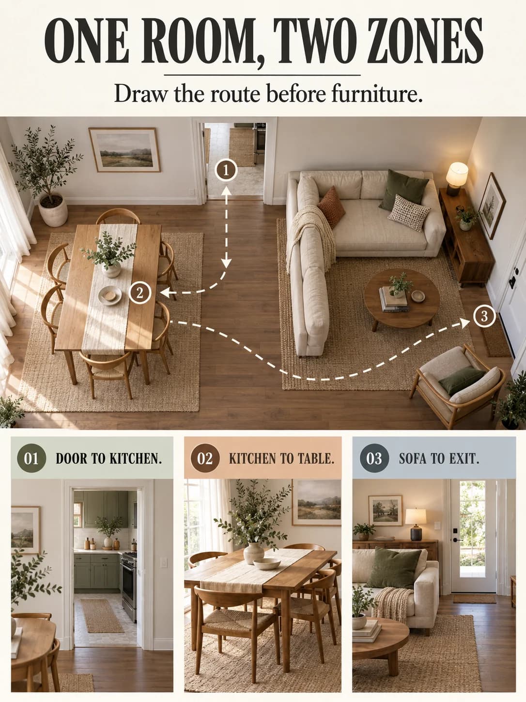 ONE ROOM, TWO ZONES guide for how to arrange a small living dining room