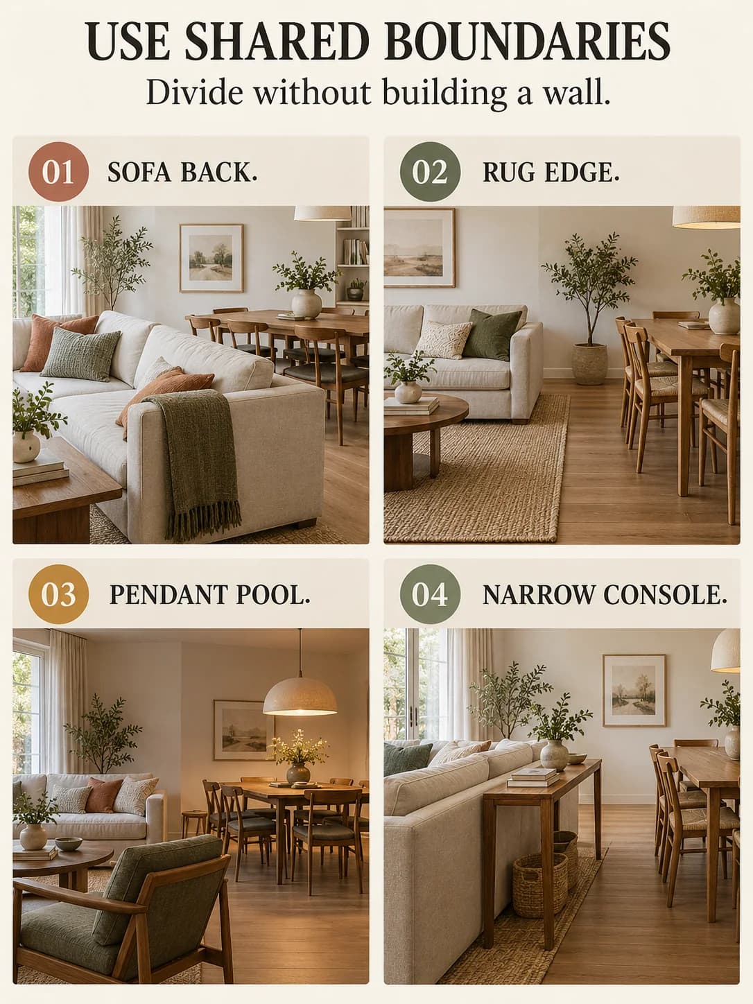 USE SHARED BOUNDARIES guide for how to arrange a small living dining room