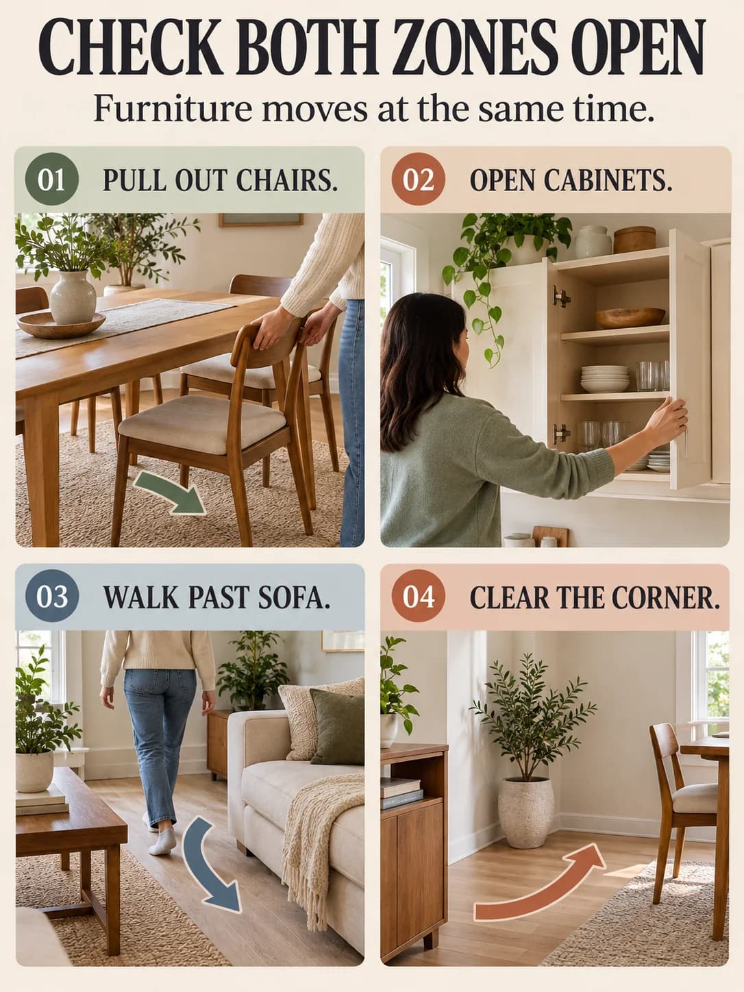 CHECK BOTH ZONES OPEN guide for how to arrange a small living dining room
