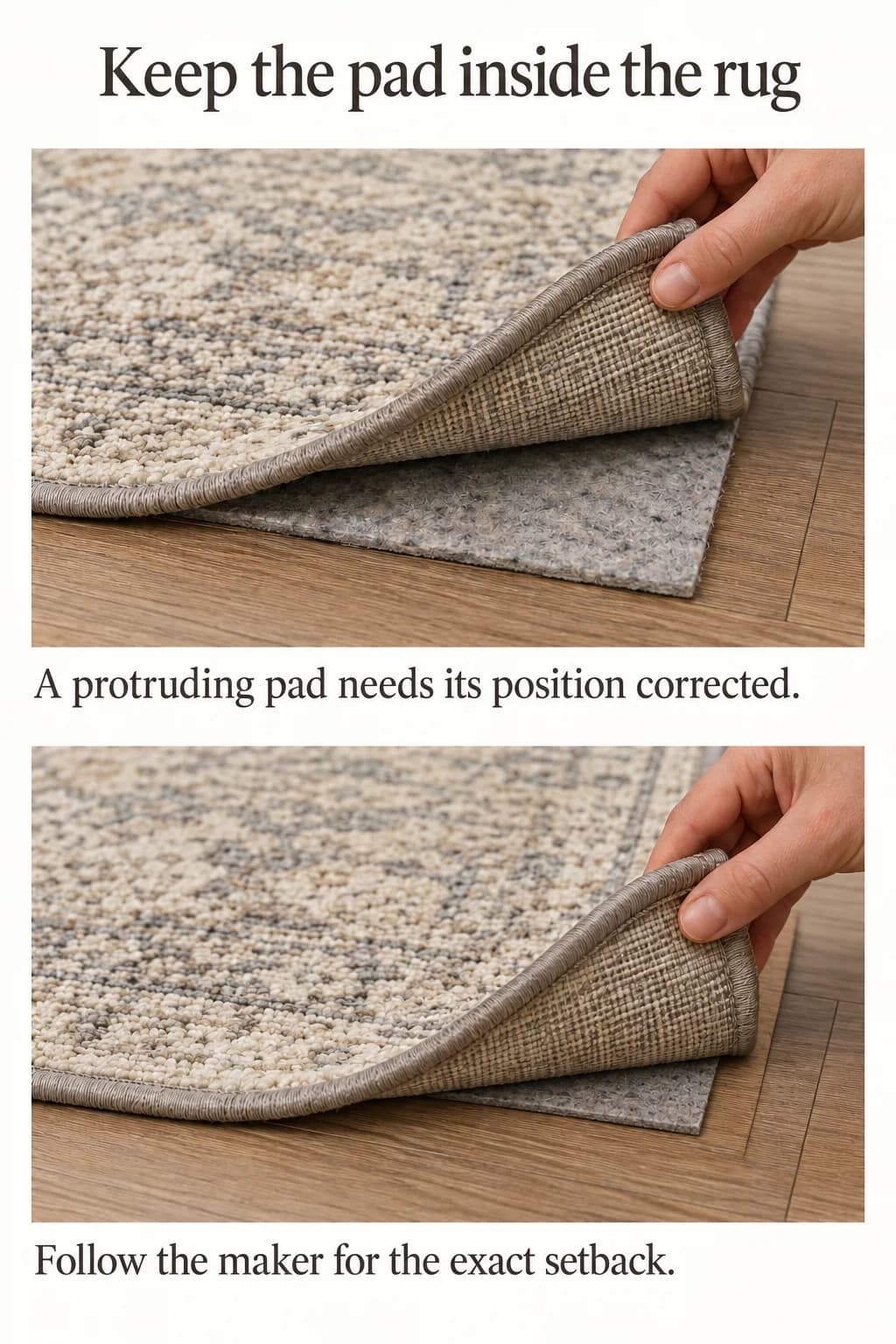 A protruding versus inset rug pad shows placement while the caption directs exact sizing to the manufacturer.