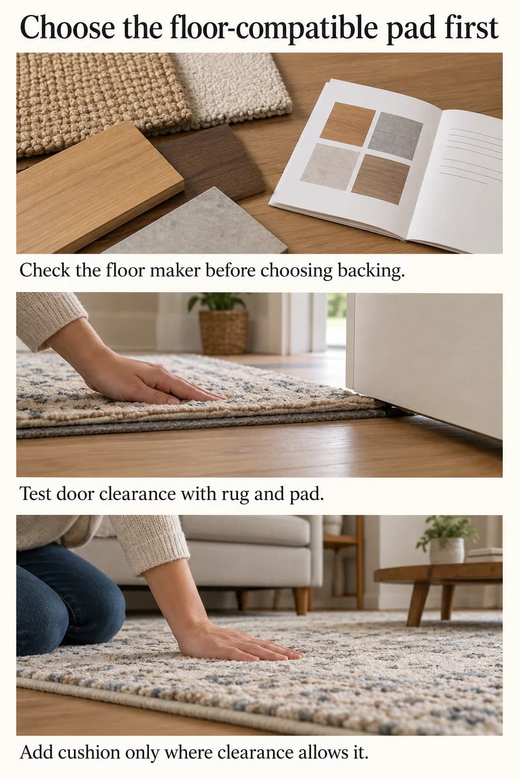 Floor instructions, door clearance and cushioning scenes teach the order of rug-pad decisions.
