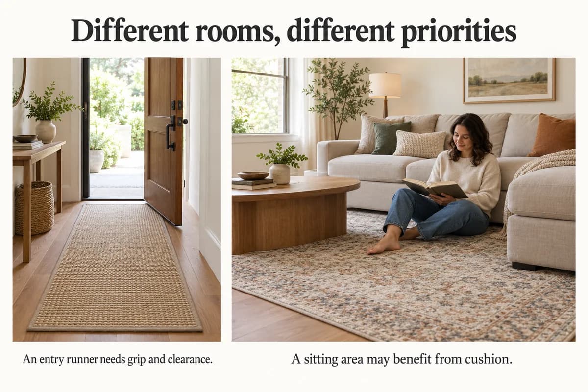 An entry runner beneath a door and a living-room rug illustrate clearance and comfort priorities.