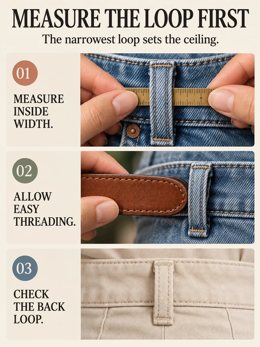 MEASURE THE LOOP FIRST guide for what belt width for women's jeans and trousers