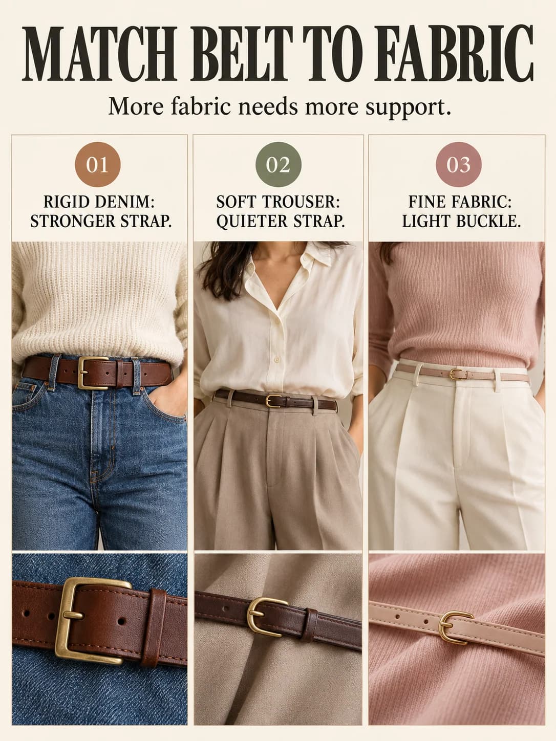 MATCH BELT TO FABRIC guide for what belt width for women's jeans and trousers
