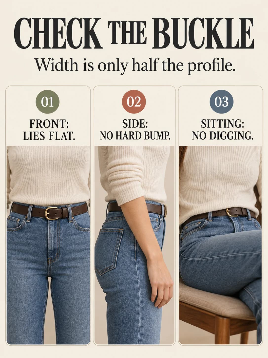 CHECK THE BUCKLE guide for what belt width for women's jeans and trousers