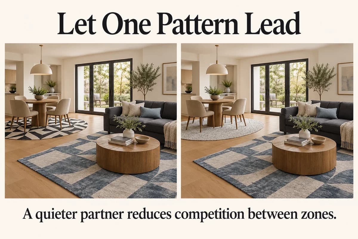 The same blue-gray living rug pairs first with a competing bold dining rug and then with a quieter fine-fleck rug in a shared cool palette.