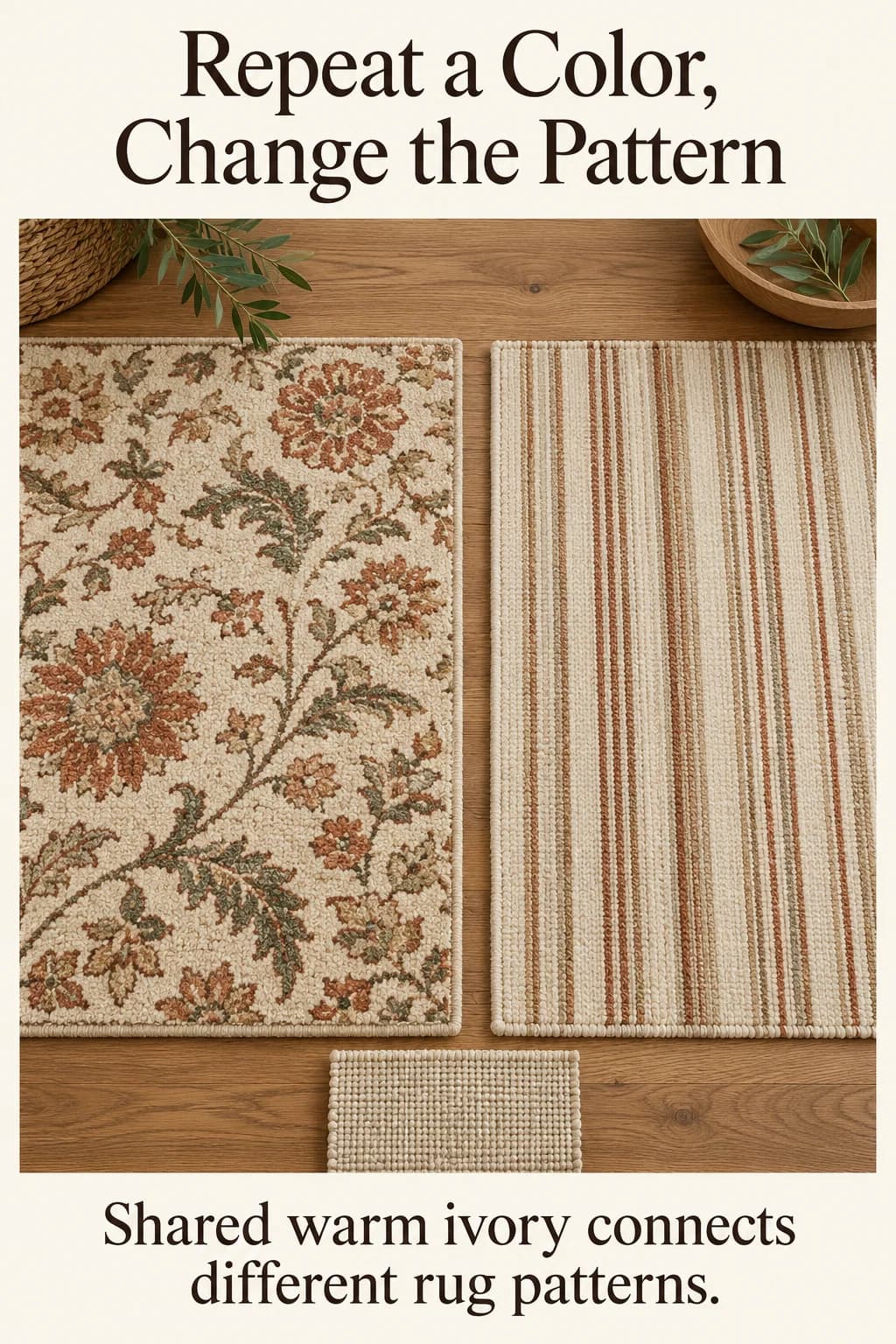 A large rust-and-olive botanical rug sample and a fine rust stripe share warm ivory backgrounds while differing in pattern scale.