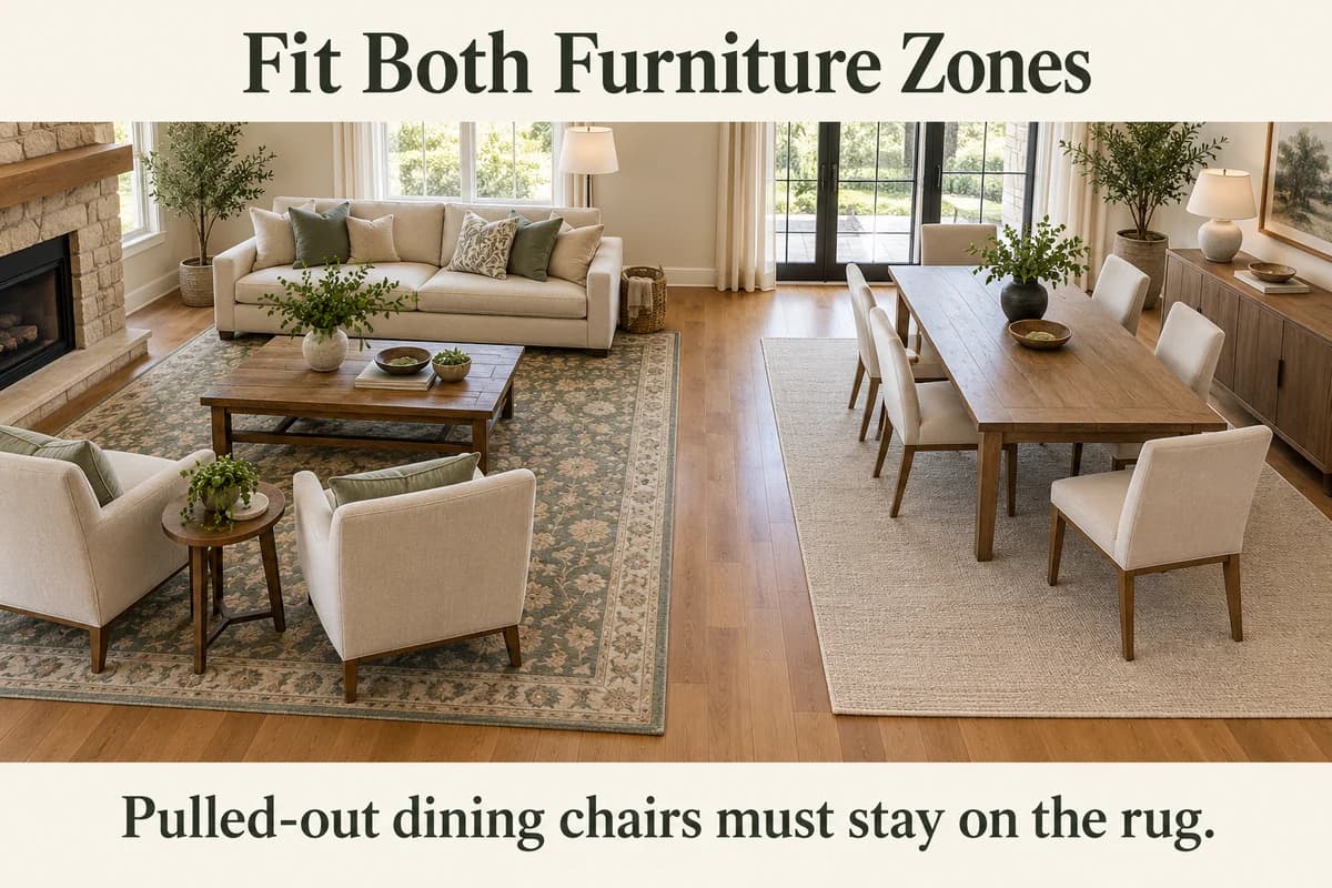 Separate living and dining rugs support the seating, including a pulled-out dining chair, with visible bare floor between the zones.
