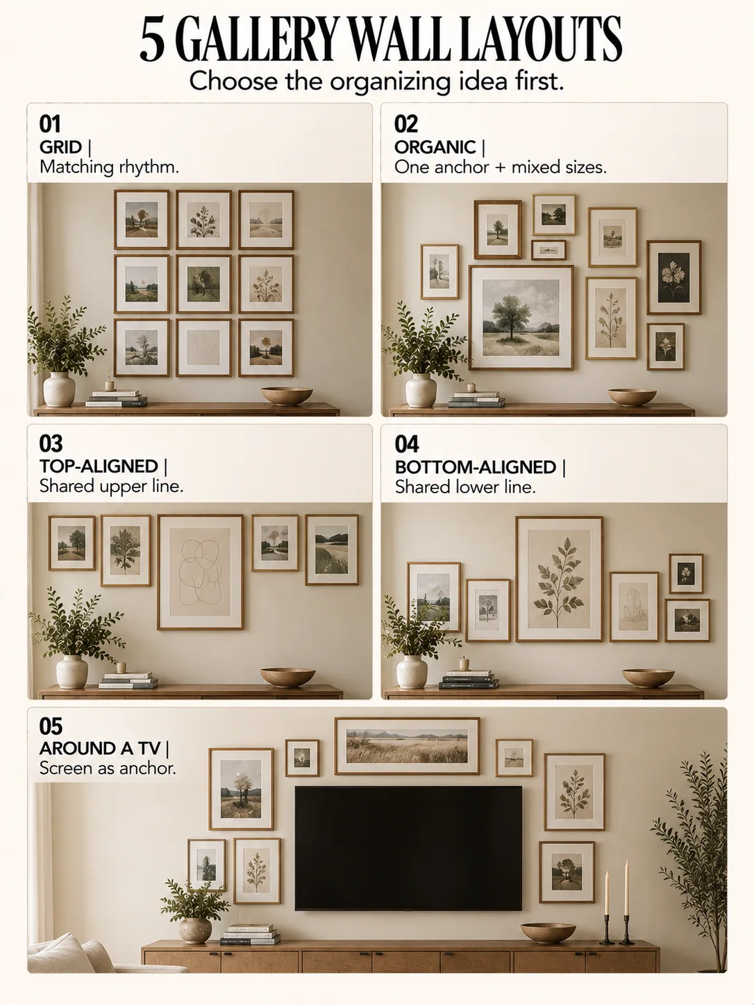 Educational guide titled 5 GALLERY WALL LAYOUTS