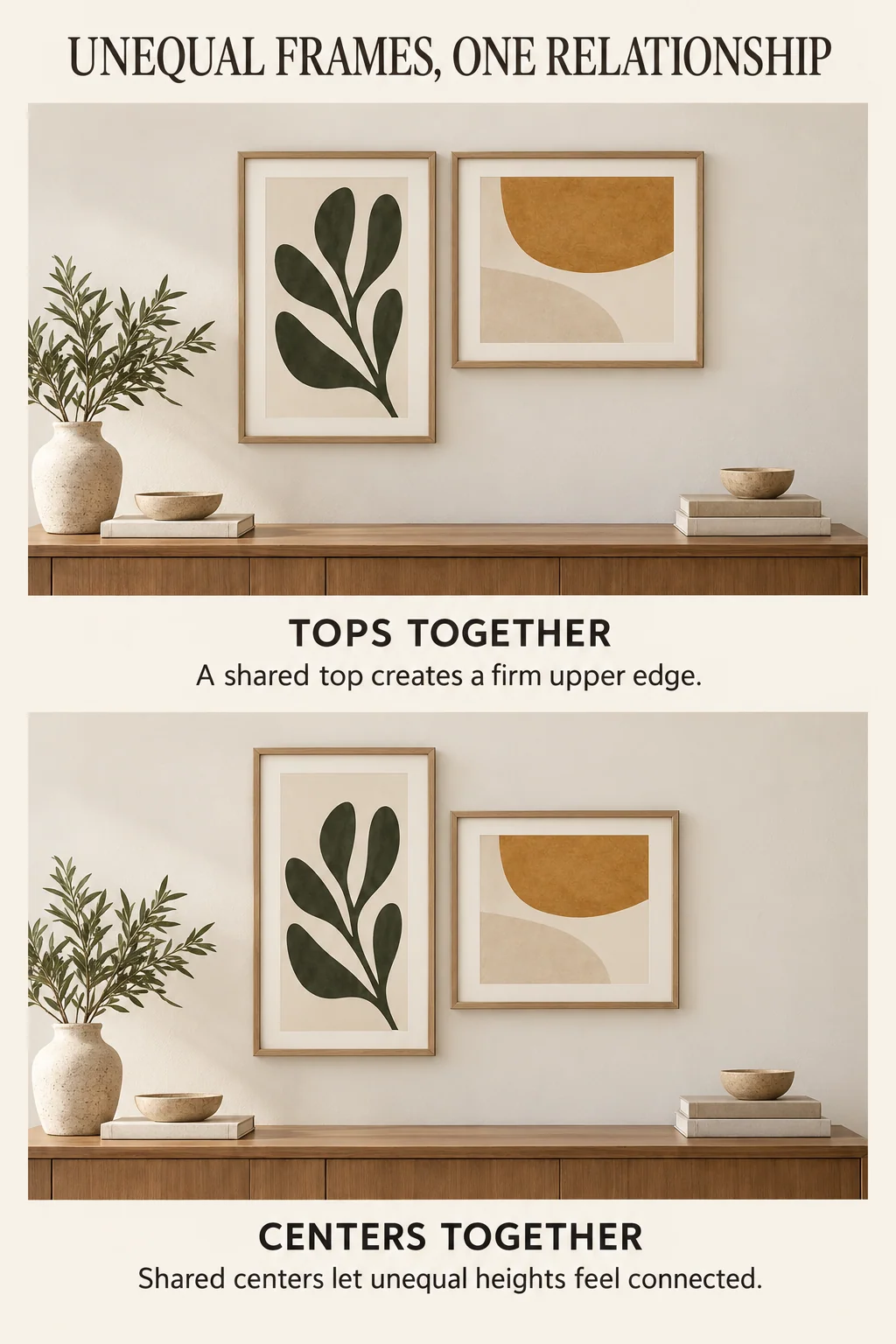 The same tall and short frames first share a top edge, then sit with their middle heights aligned.
