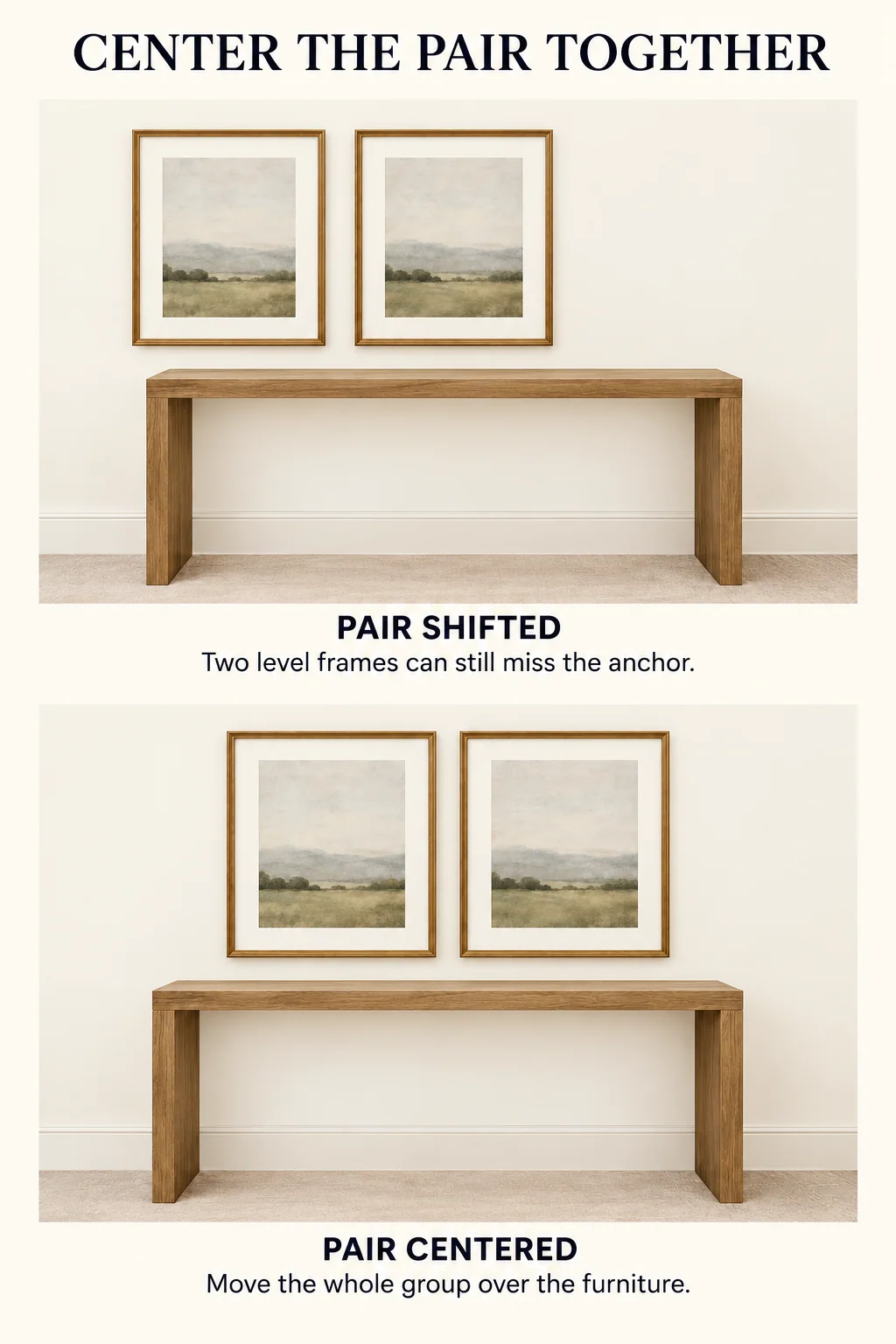 Two level matching pictures sit off-center above a console, then the unchanged pair is moved together to balance over the furniture.