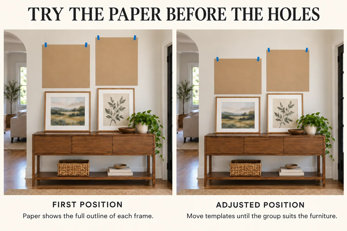 Blank full-size paper frame templates are tried high above a console and then lowered while the real pictures remain safely propped below.