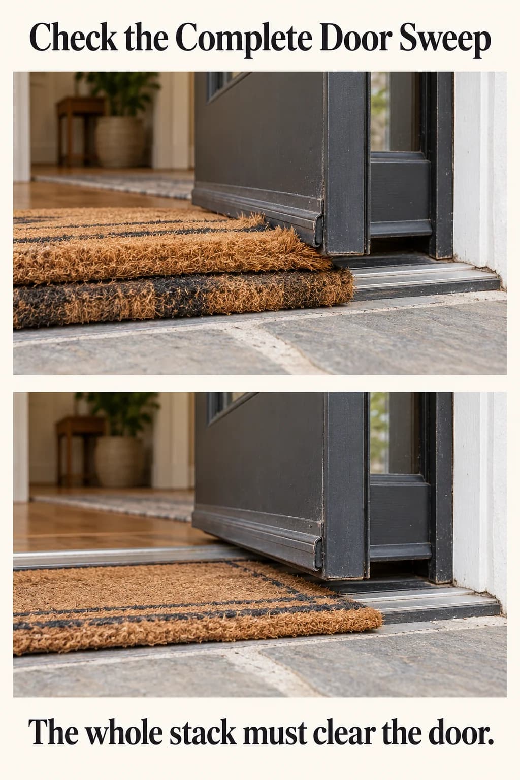 A thick mat stack bunches beneath an opening storm door; a single flat mat leaves visible clearance at the same threshold.