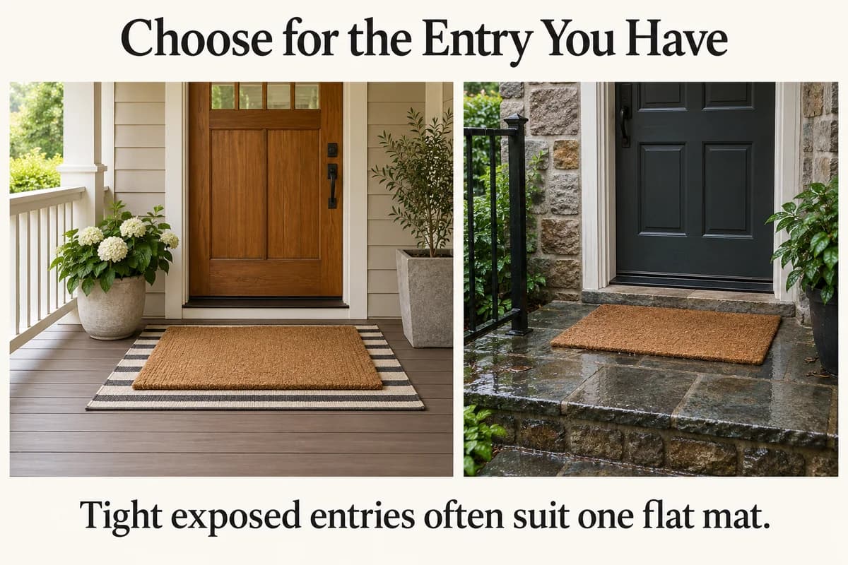A wide sheltered porch accommodates layered mats, while a smaller exposed landing uses one low-profile mat and preserves the door path.