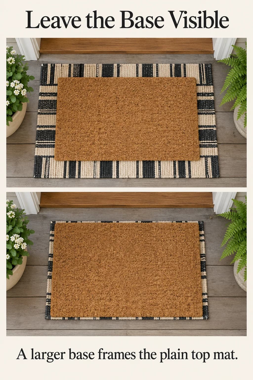 The same plain doormat reveals a striped border on a larger base but conceals almost all of an undersized base.