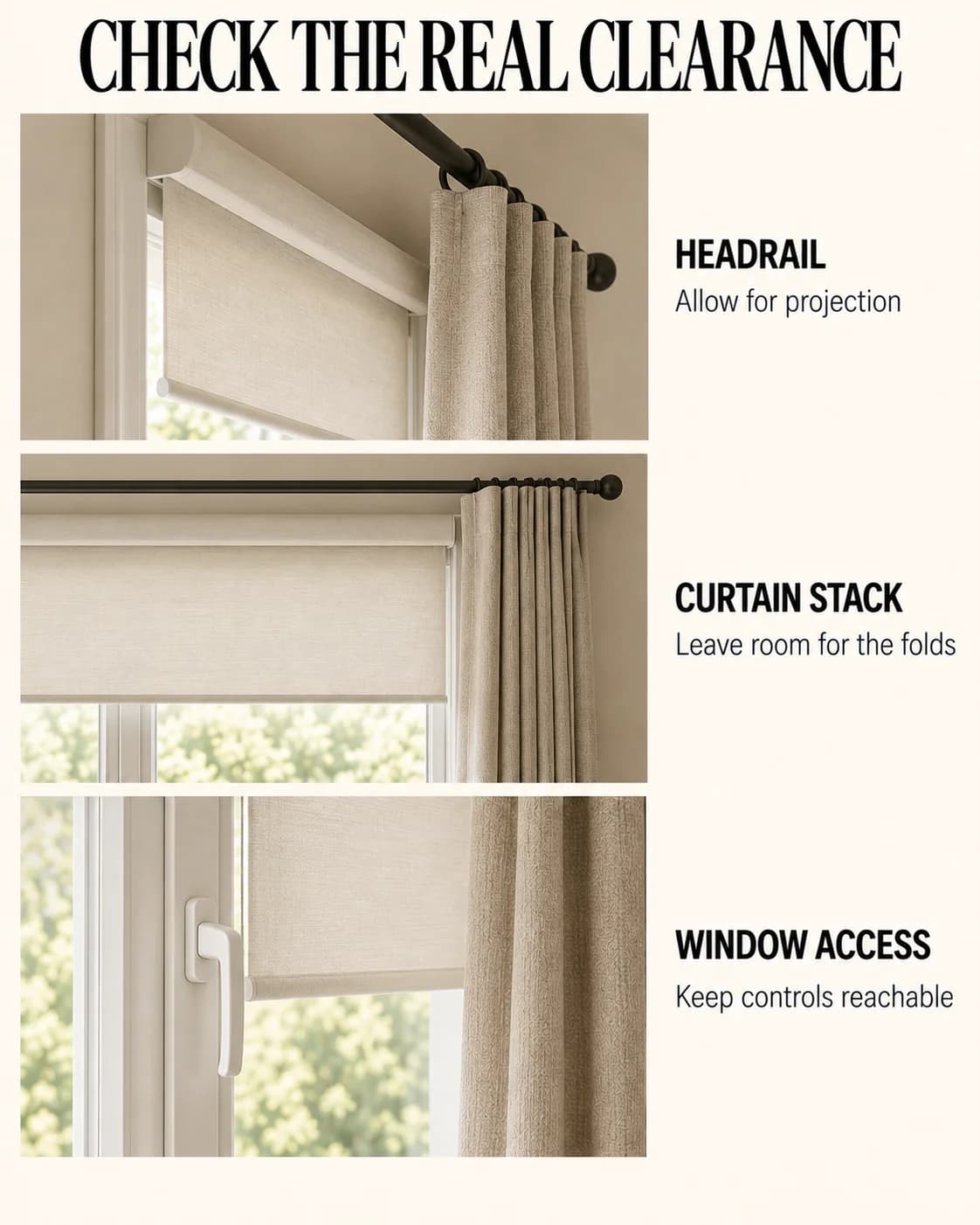 Window details show blind projection, curtain folds and an accessible handle.