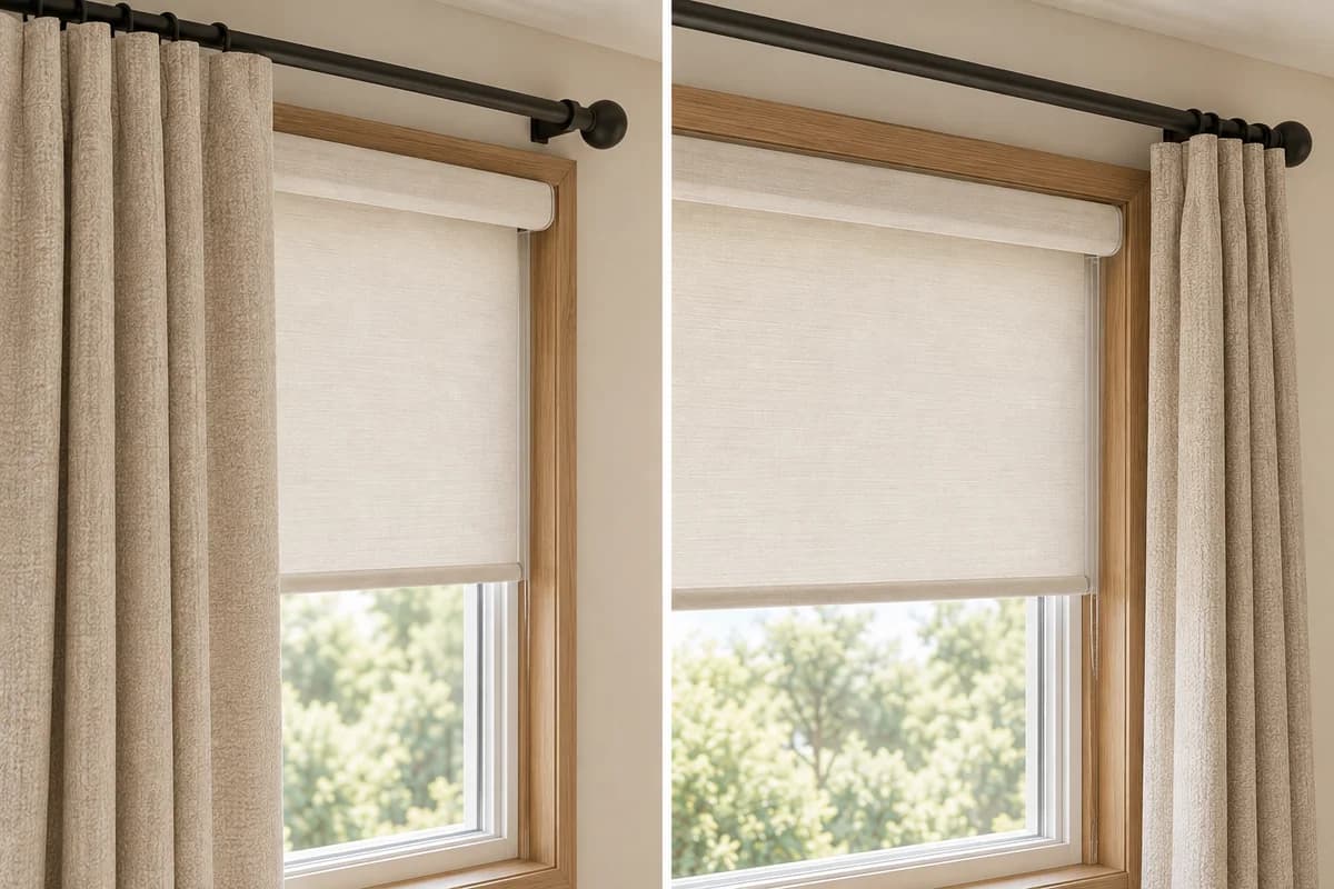 Same window with curtains drawn across and stacked back clear of the blind.