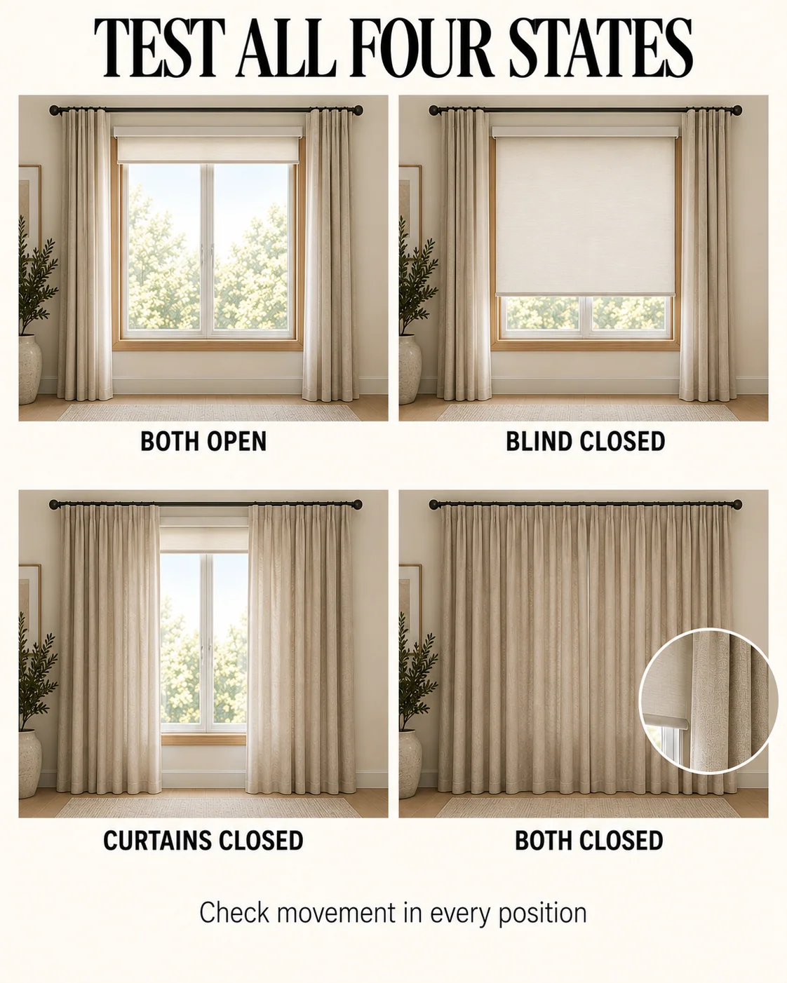 One window with both coverings open, blind closed, curtains closed and both closed.