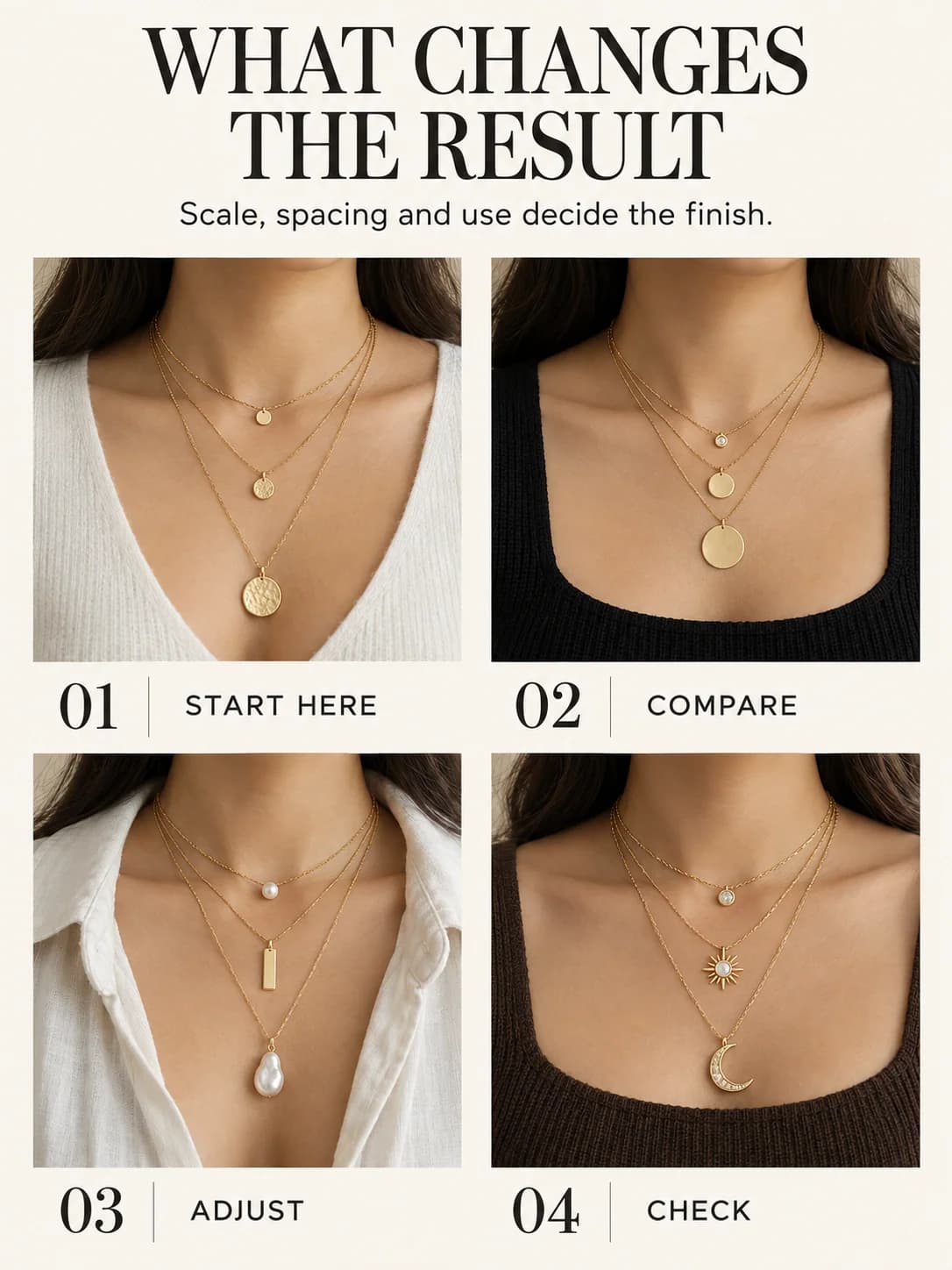 Educational guide for how to layer necklaces: Scale, spacing and use decide the finish.