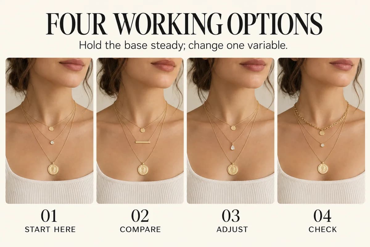 Educational guide for how to layer necklaces: Hold the base steady; change one variable.