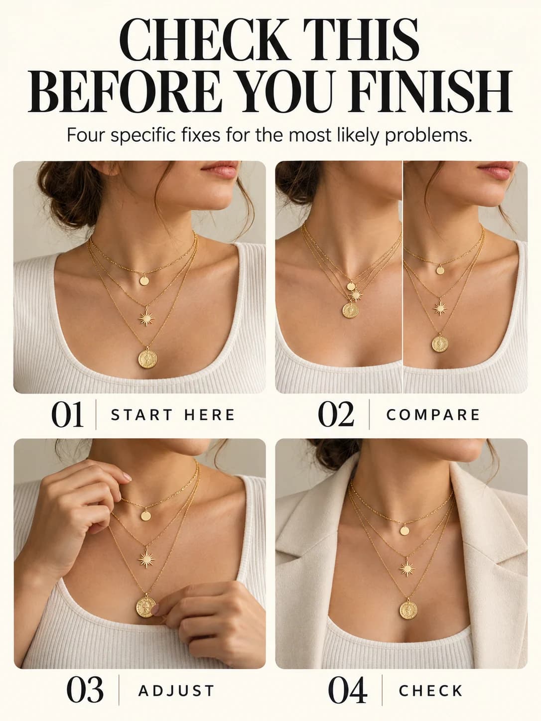 Educational guide for how to layer necklaces: Four specific fixes for the most likely problems.