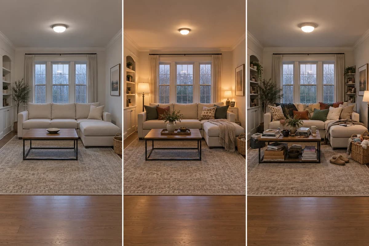 Controlled comparison for how to make a living room cozy without clutter