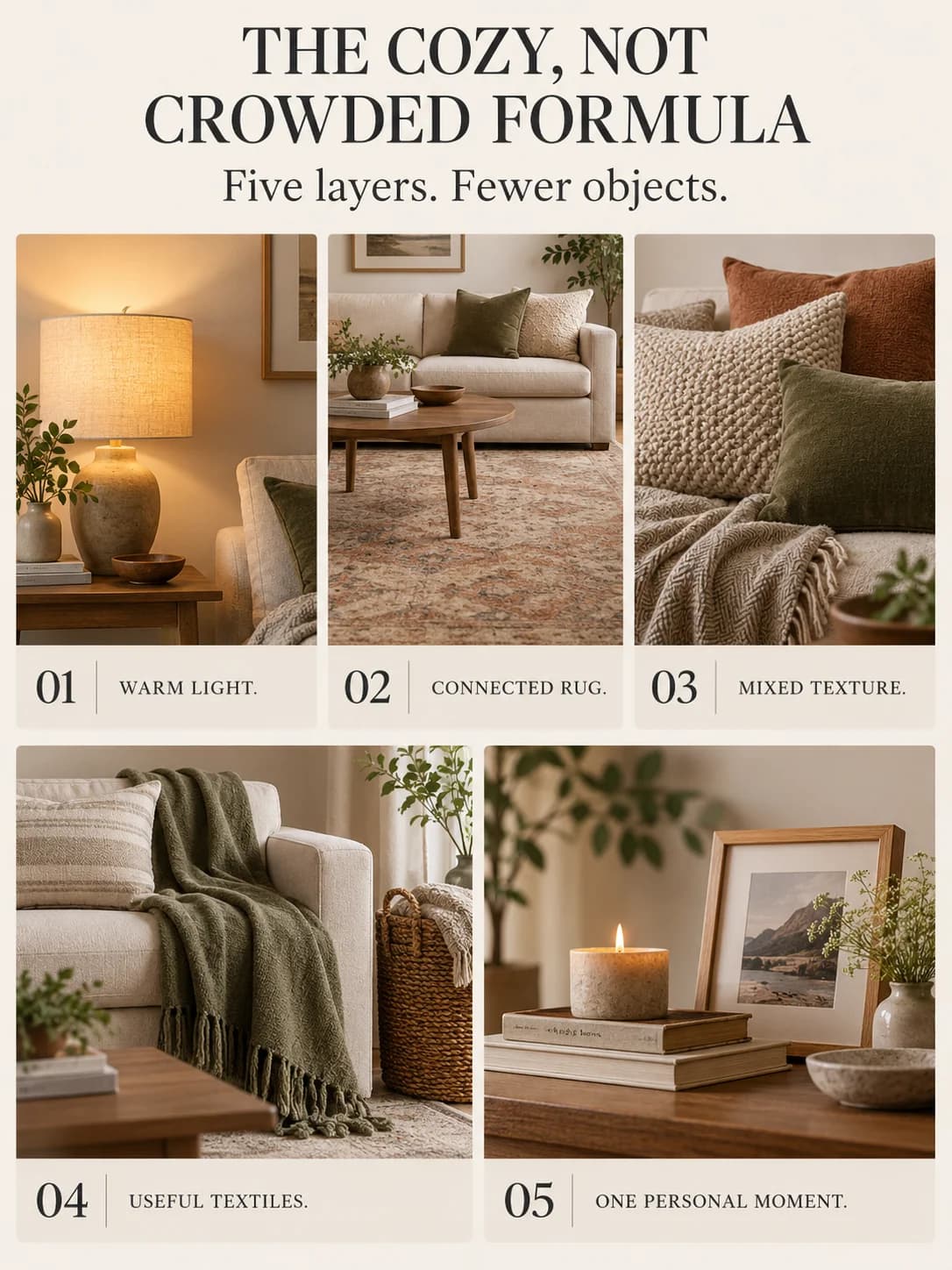 THE COZY, NOT CROWDED FORMULA guide for how to make a living room cozy without clutter