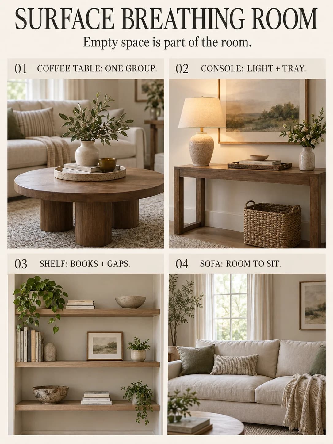 SURFACE BREATHING ROOM guide for how to make a living room cozy without clutter