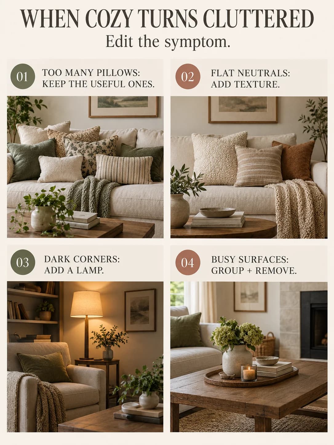 WHEN COZY TURNS CLUTTERED guide for how to make a living room cozy without clutter