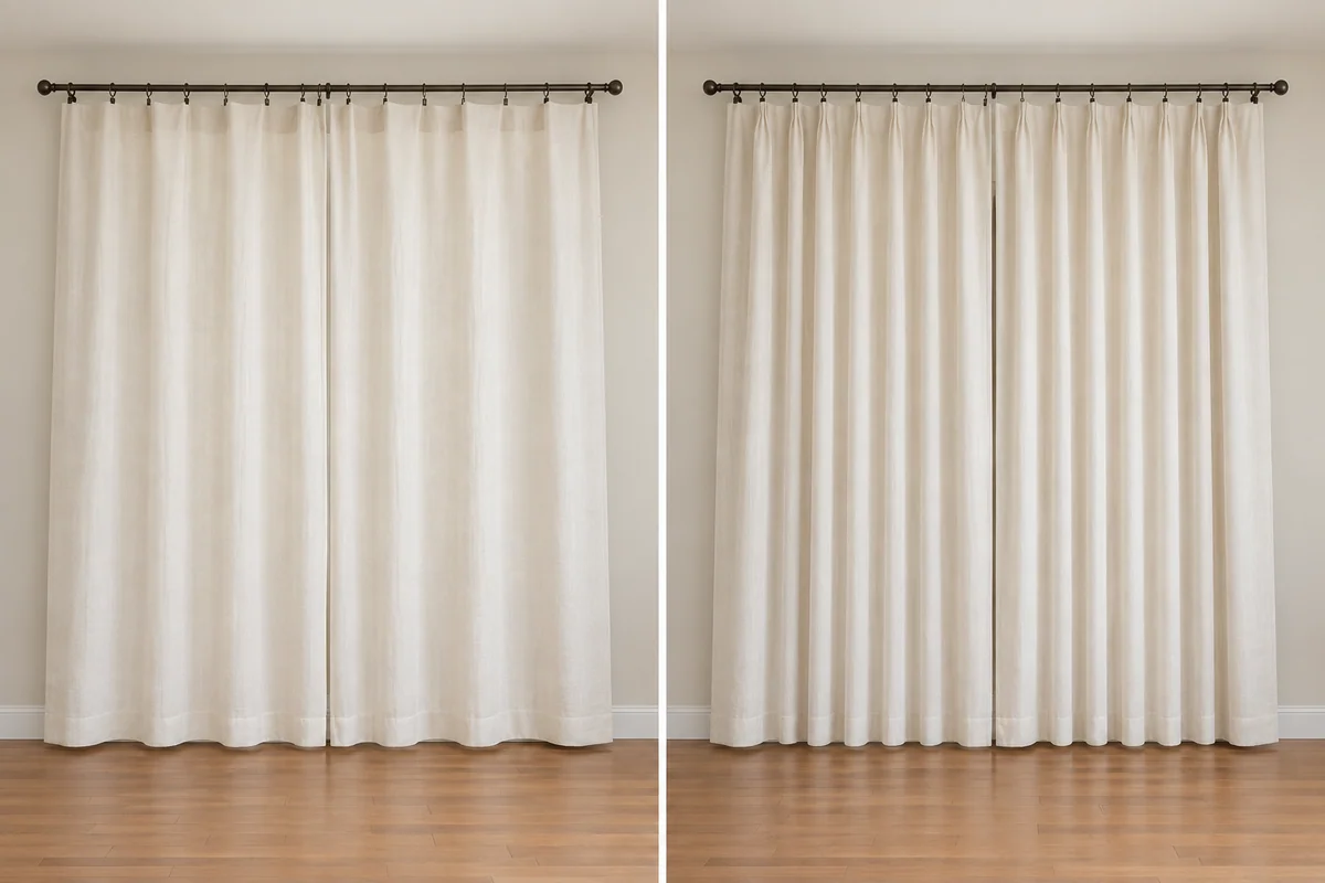 Closed ivory curtains on the same rod with shallow folds on the left and fuller folds from wider panels on the right.