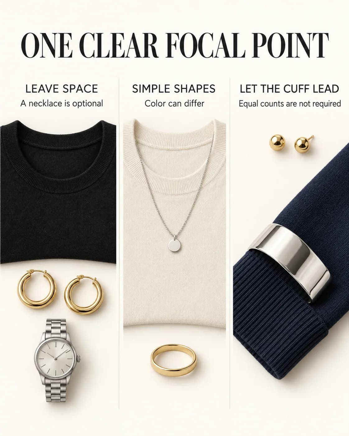 Three outfit detail boards show jewelry with a bare neckline, pendant and statement cuff.
