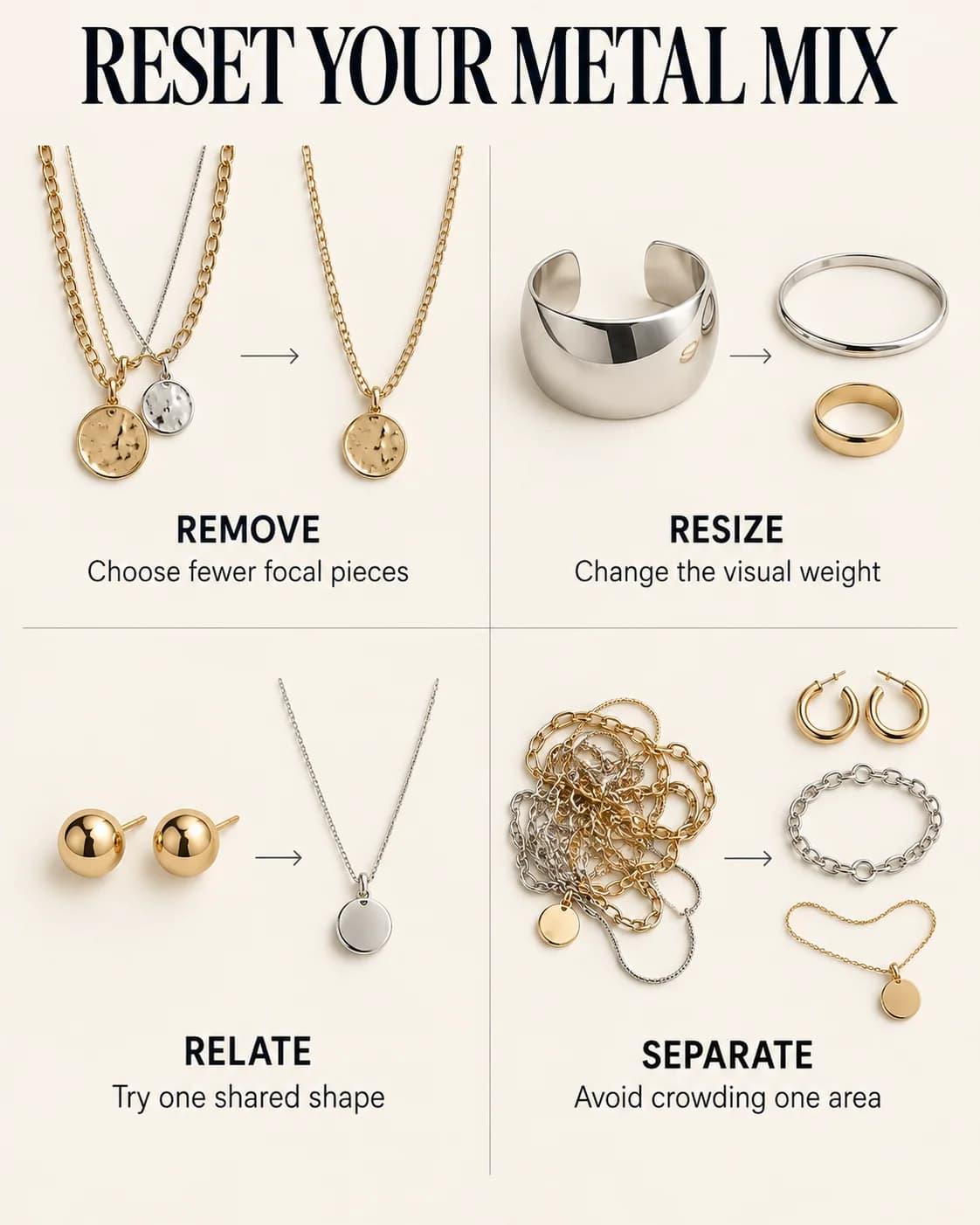 Four small jewelry examples illustrating remove, resize, relate and separate.