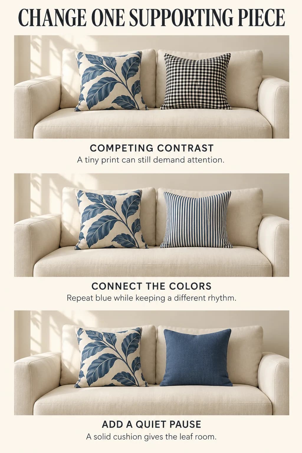 The same cream sofa and leaf cushion remain fixed as a black-and-white check changes to a blue stripe and then solid blue.