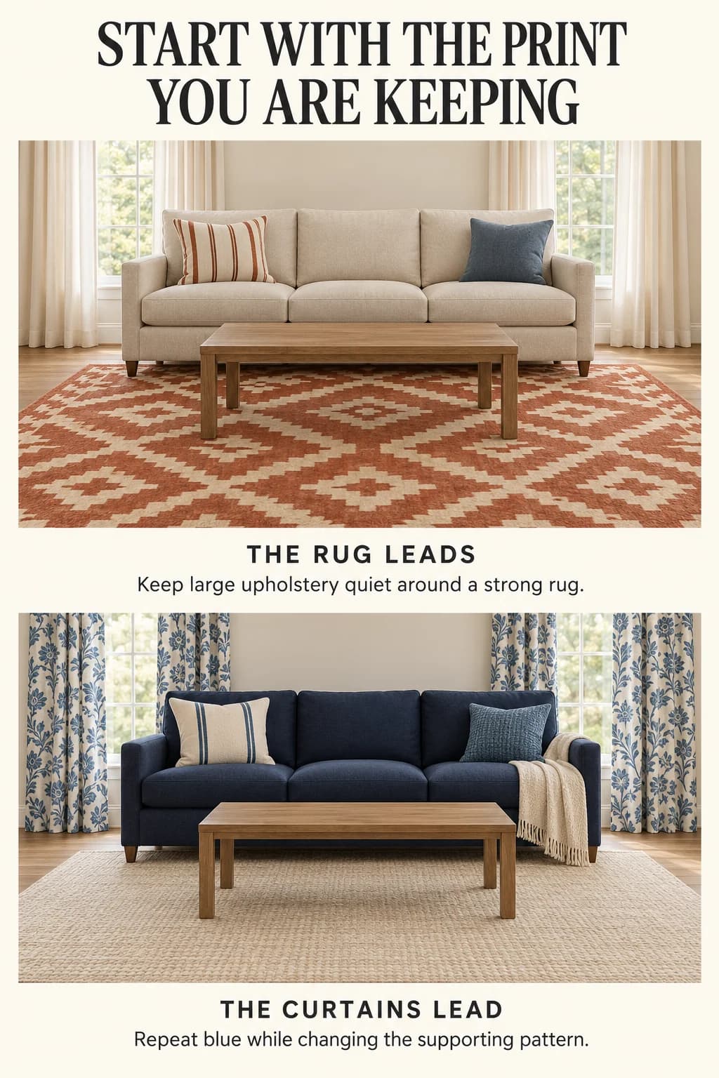 One room builds around a rust geometric rug with quiet upholstery; another repeats blue from botanical curtains in a restrained striped cushion.