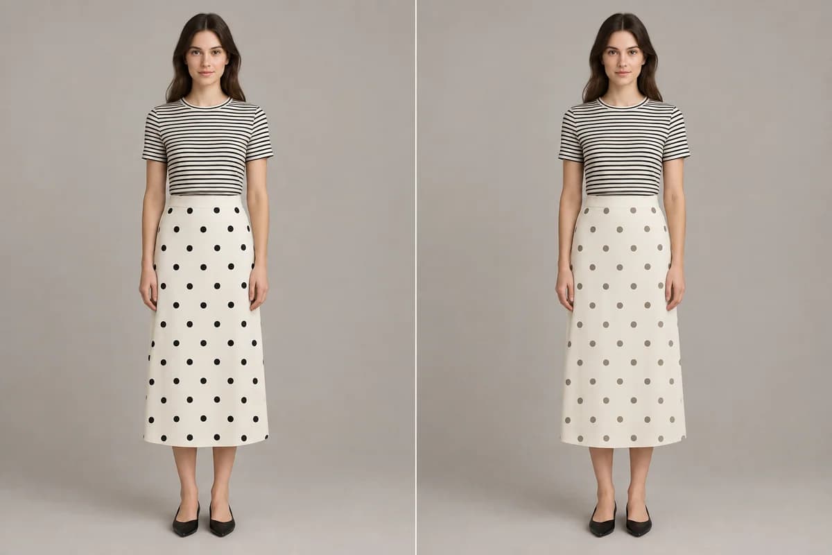 The same striped top and dotted midi skirt, with black dots on the left and softer taupe dots of identical size and spacing on the right.