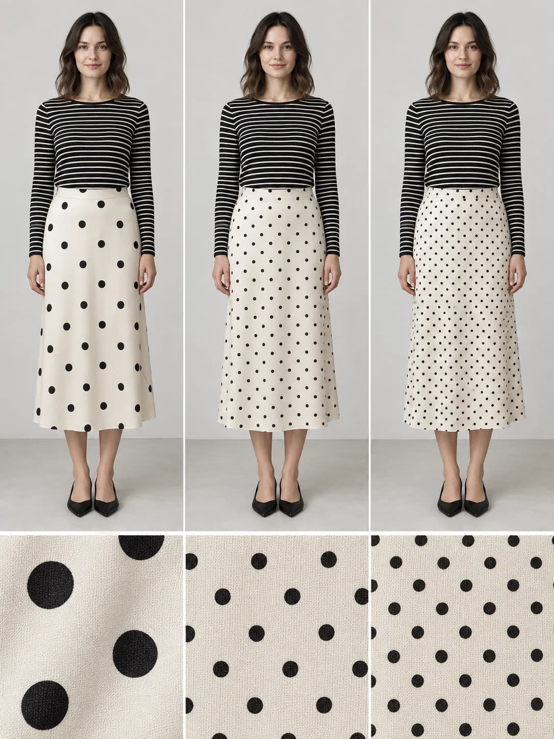 A fixed striped top with large spaced dots, smaller dots at similar background coverage, and the same small dots packed more closely; matching fabric details appear below.