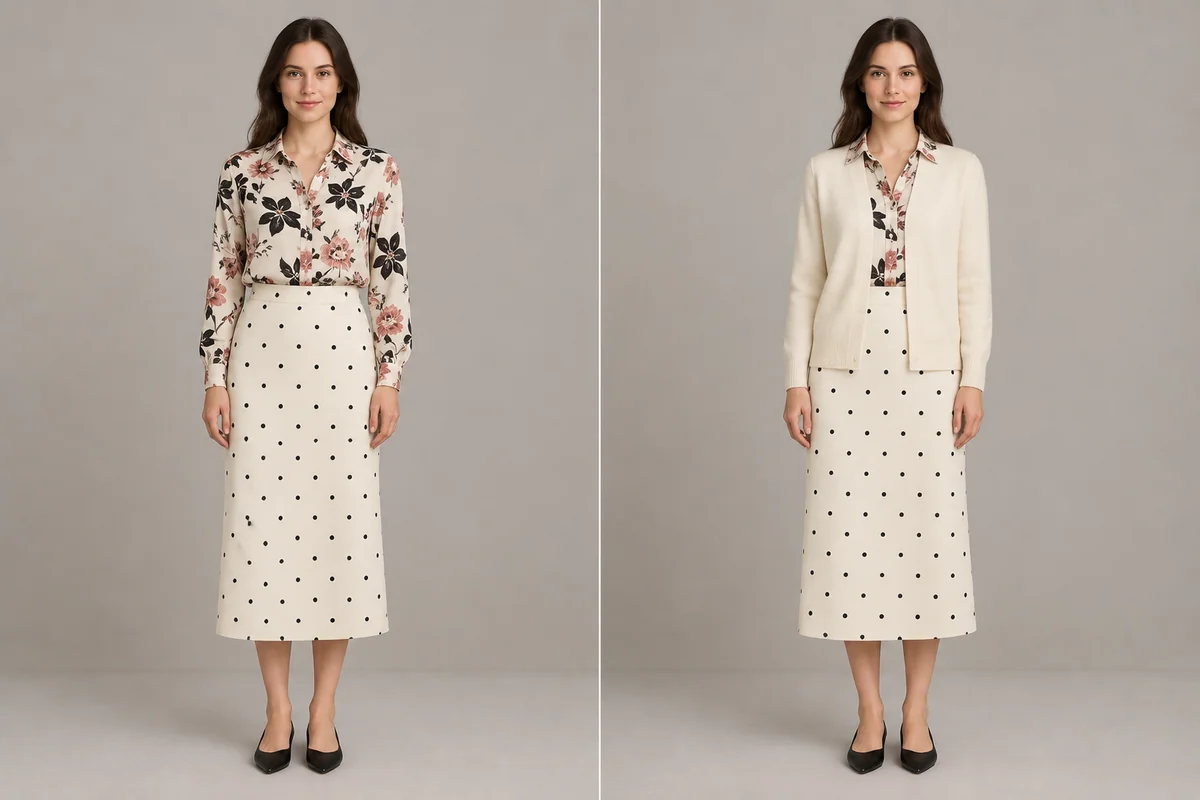 The same floral blouse and dotted skirt, first fully visible and then with an open ivory cardigan covering much of the blouse print.