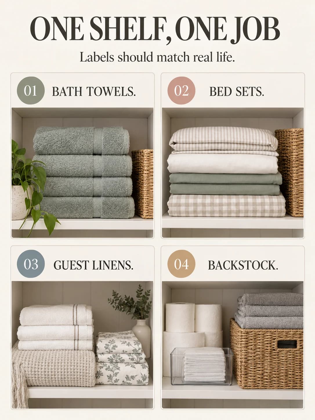 ONE SHELF, ONE JOB guide for how to organize a linen closet