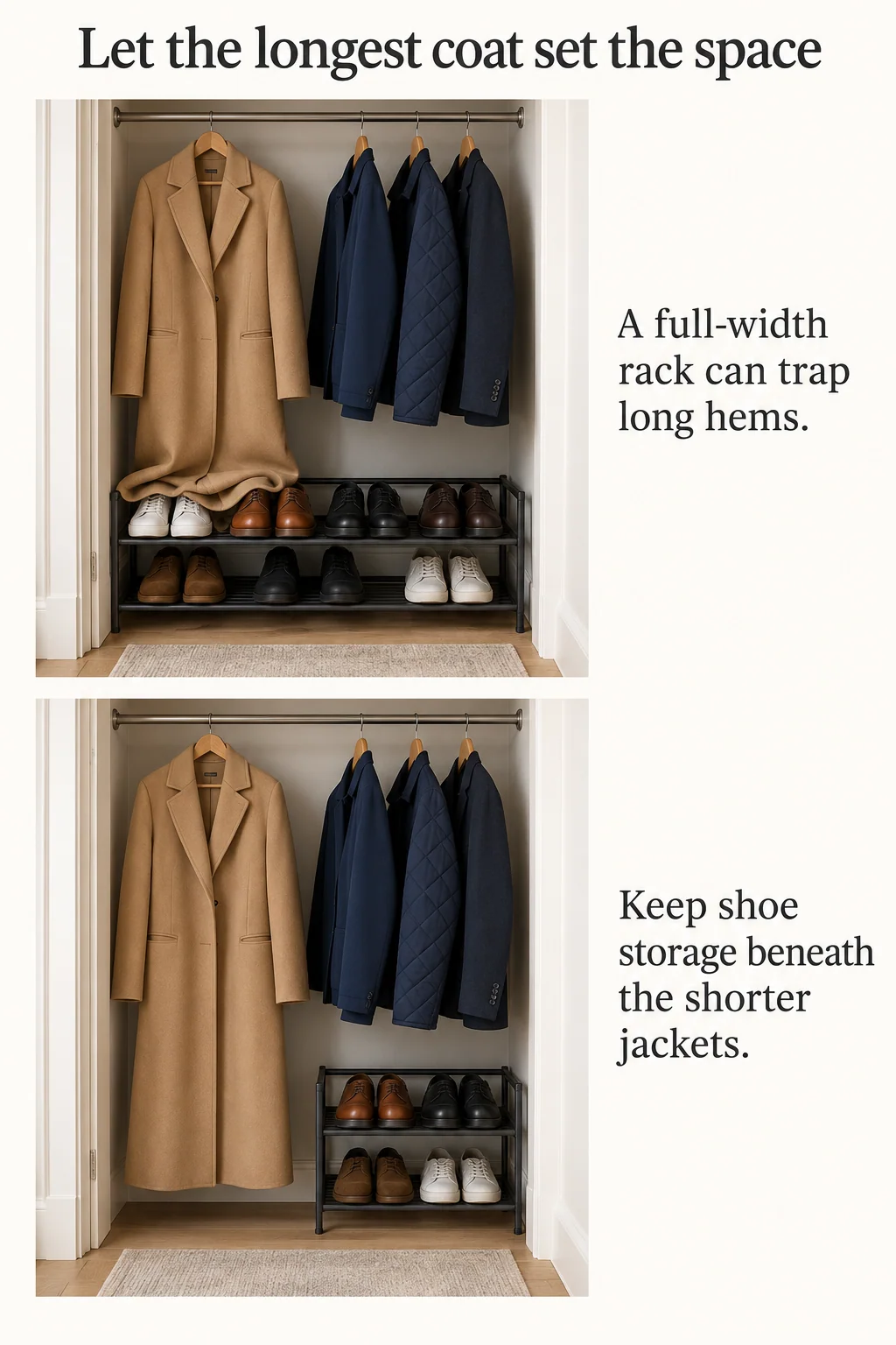 A shoe rack beneath all coats versus beneath short jackets demonstrates the clearance needed for long hems.