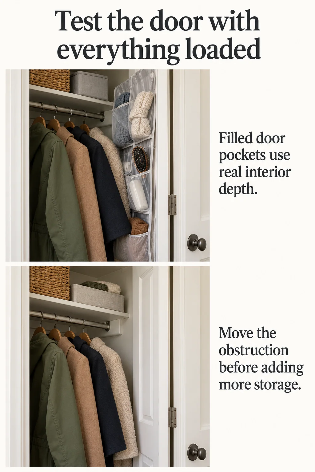 A loaded door organizer colliding with coats is compared with a cleared doorway and contained shelf bin.