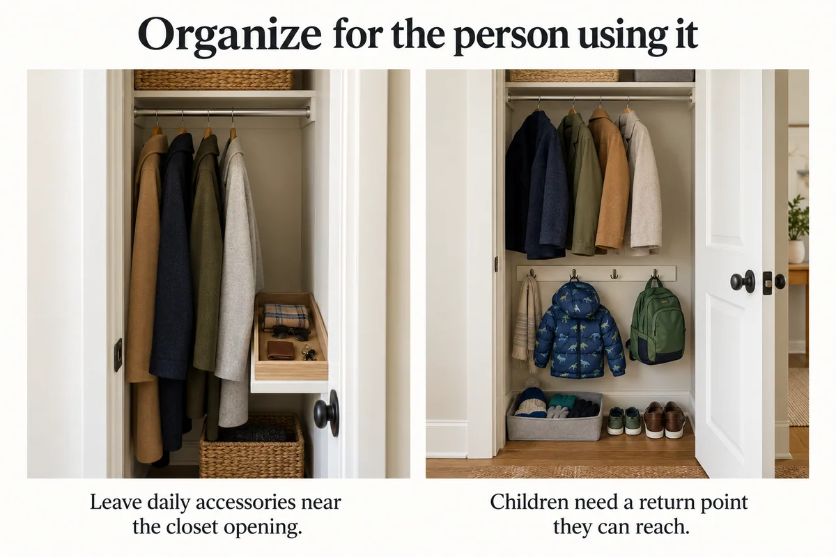 Adult and family closet arrangements compare accessible accessories and a child-height jacket return point.