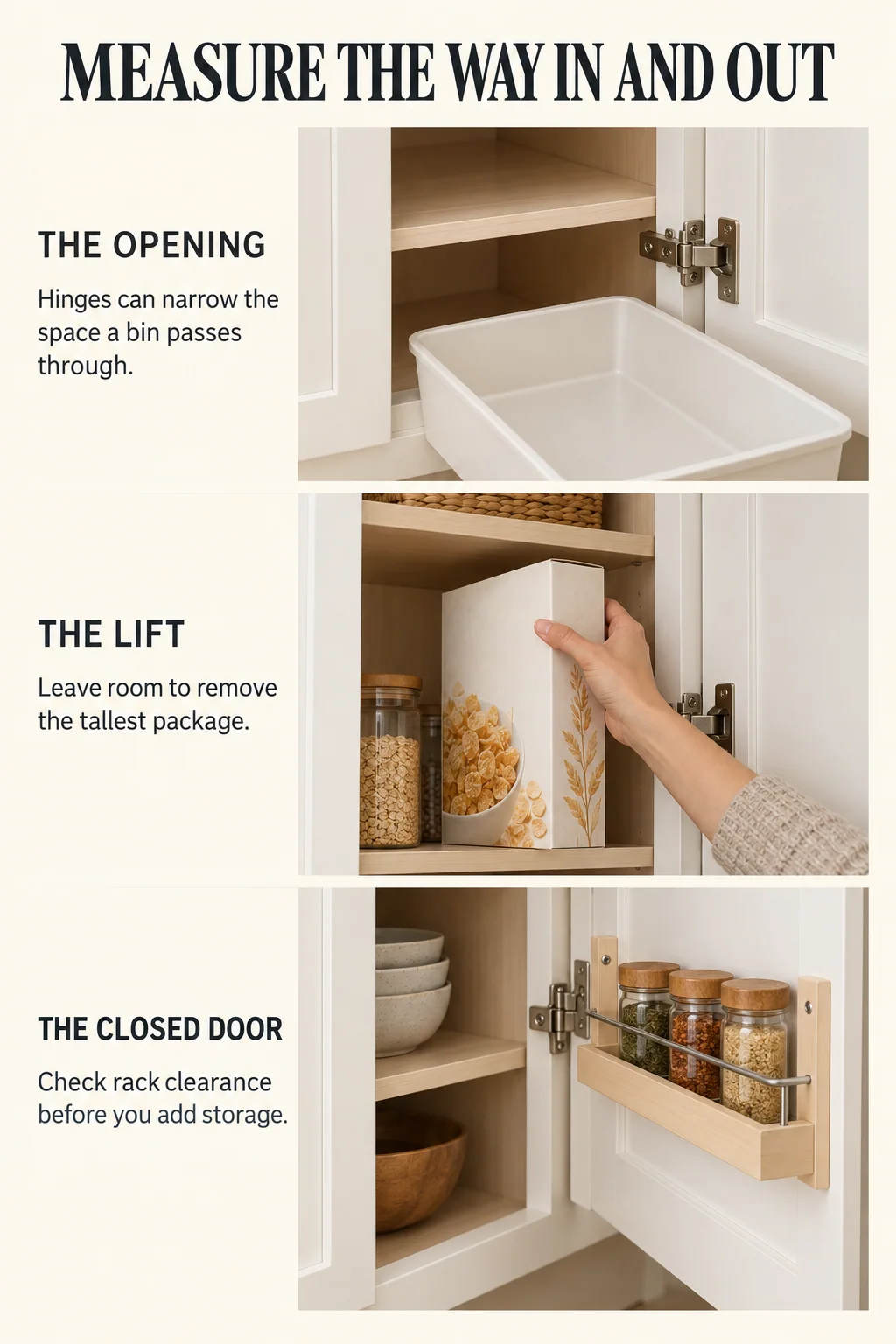 Pantry illustrations show a narrow hinge opening, lifting room above a cereal box, and clearance for a door-mounted rack.