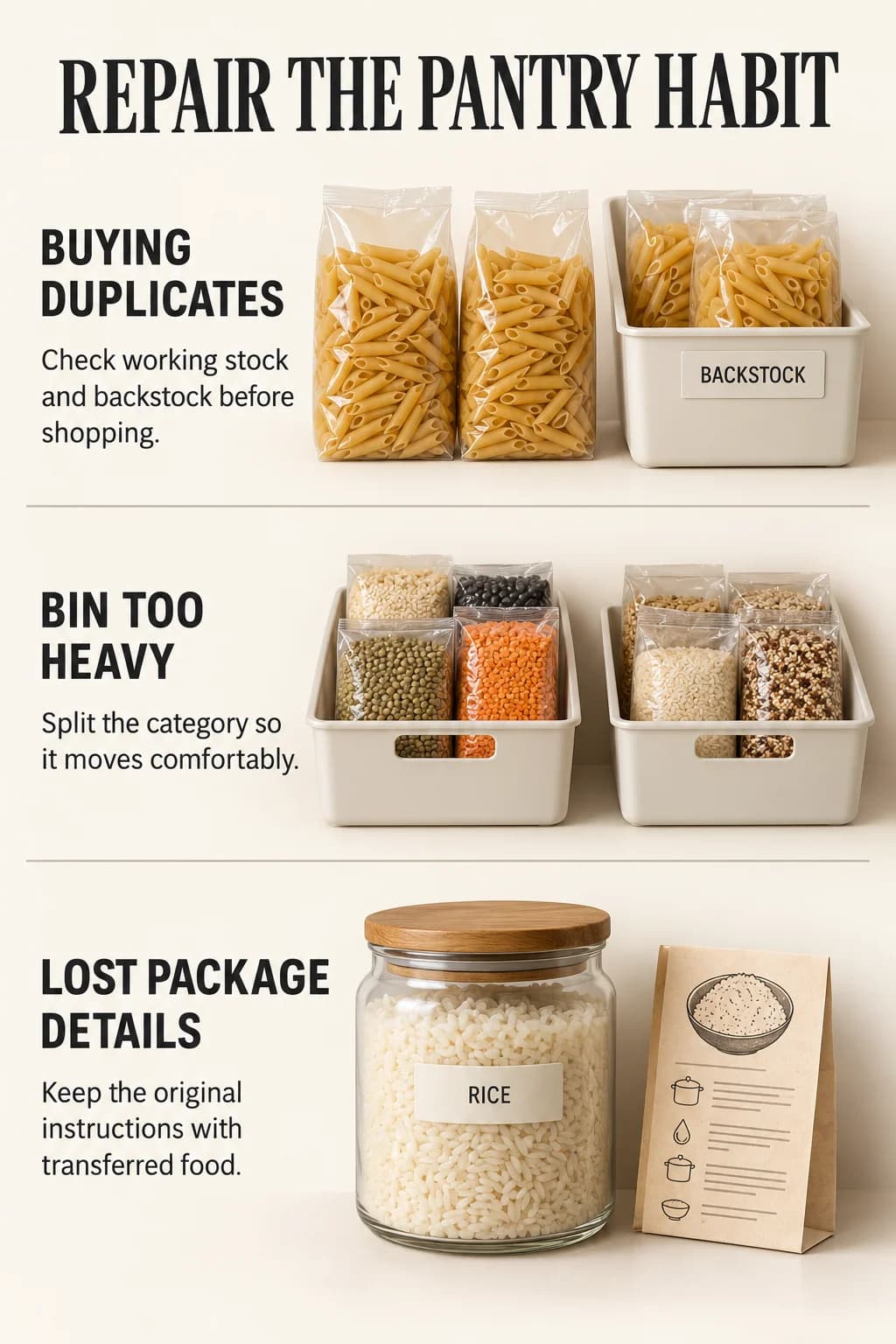 A pantry repair guide connects duplicate buying to checking backstock, heavy bins to smaller categories, and decanting to keeping package information.