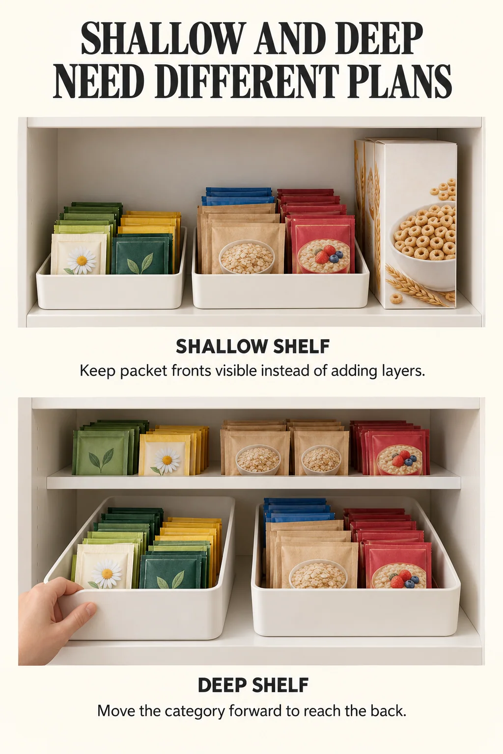 Shallow shelf trays keep packet fronts visible; a deeper shelf uses movable category bins and a separate visible duplicate-stock area.