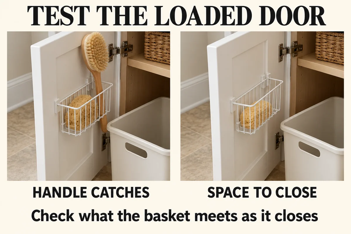 A long brush in a door basket catches a floor bin; removing the projecting handle leaves the basket clear as the door closes.